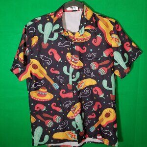 KYKU Men Small Button Up Shirt Fiesta Pepper Mexican Food Sombrero Catus Maracas